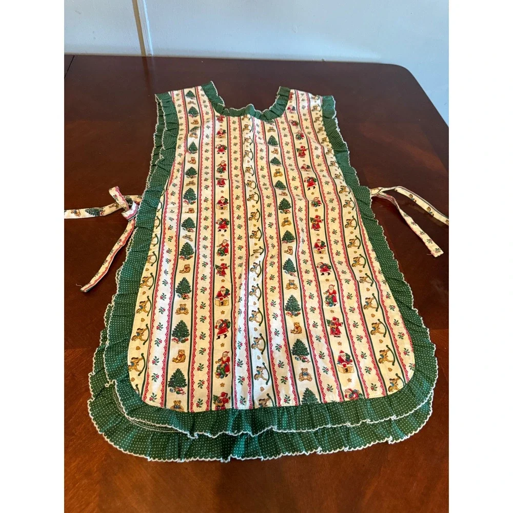 Vintage Christmas Pinafore Apron Santa Tree Teddy Bear Ruffle Green Polka Dot